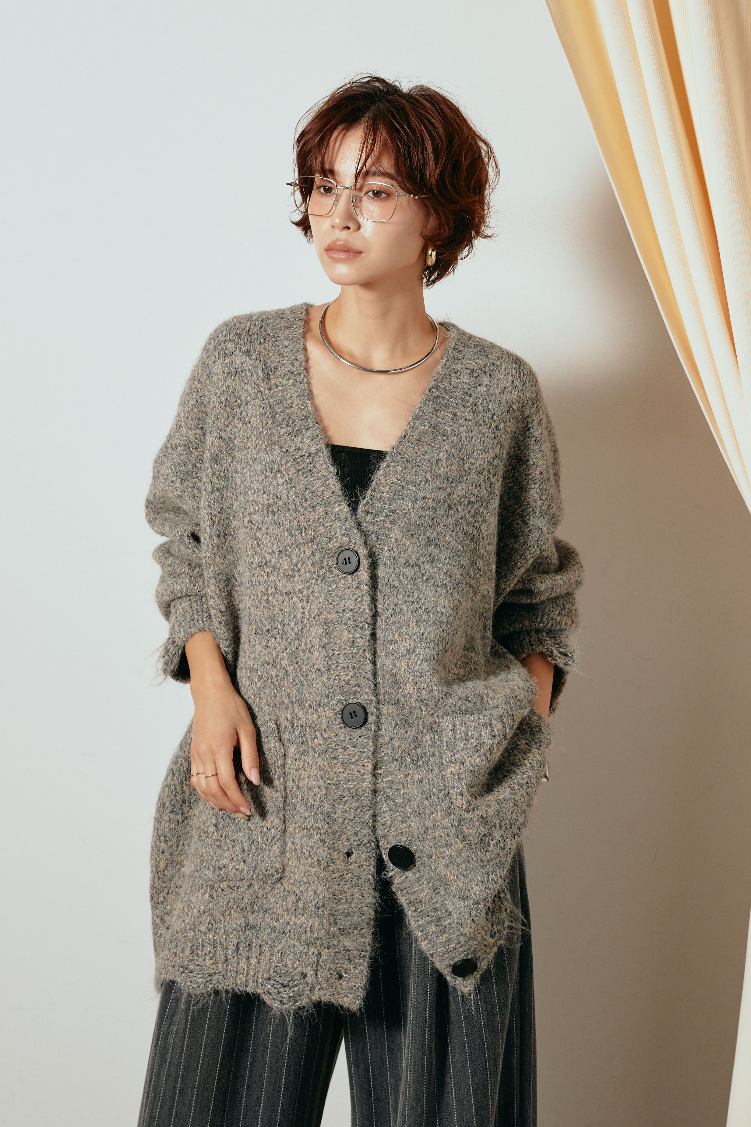 Vネックミックスニットカーディガン/グリーン – ESICA