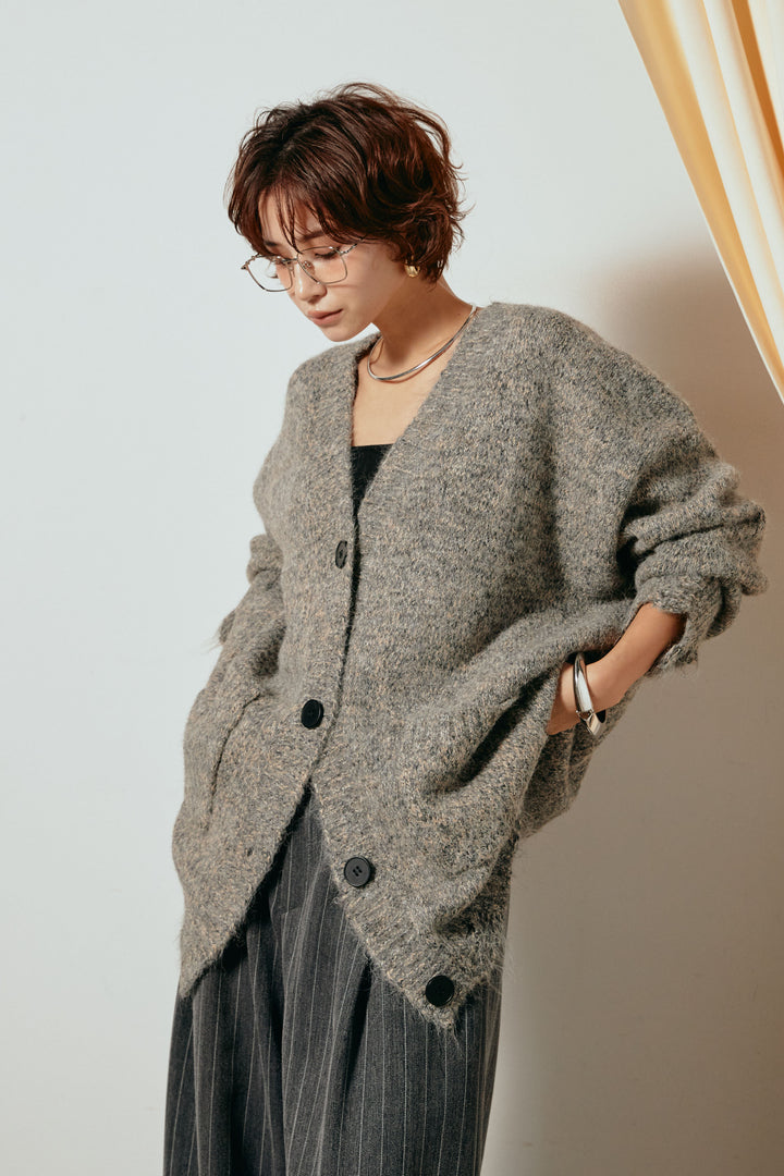 Vネックミックスニットカーディガン/グリーン