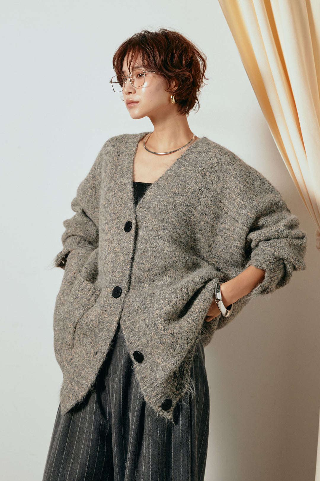 Vネックミックスニットカーディガン/グリーン