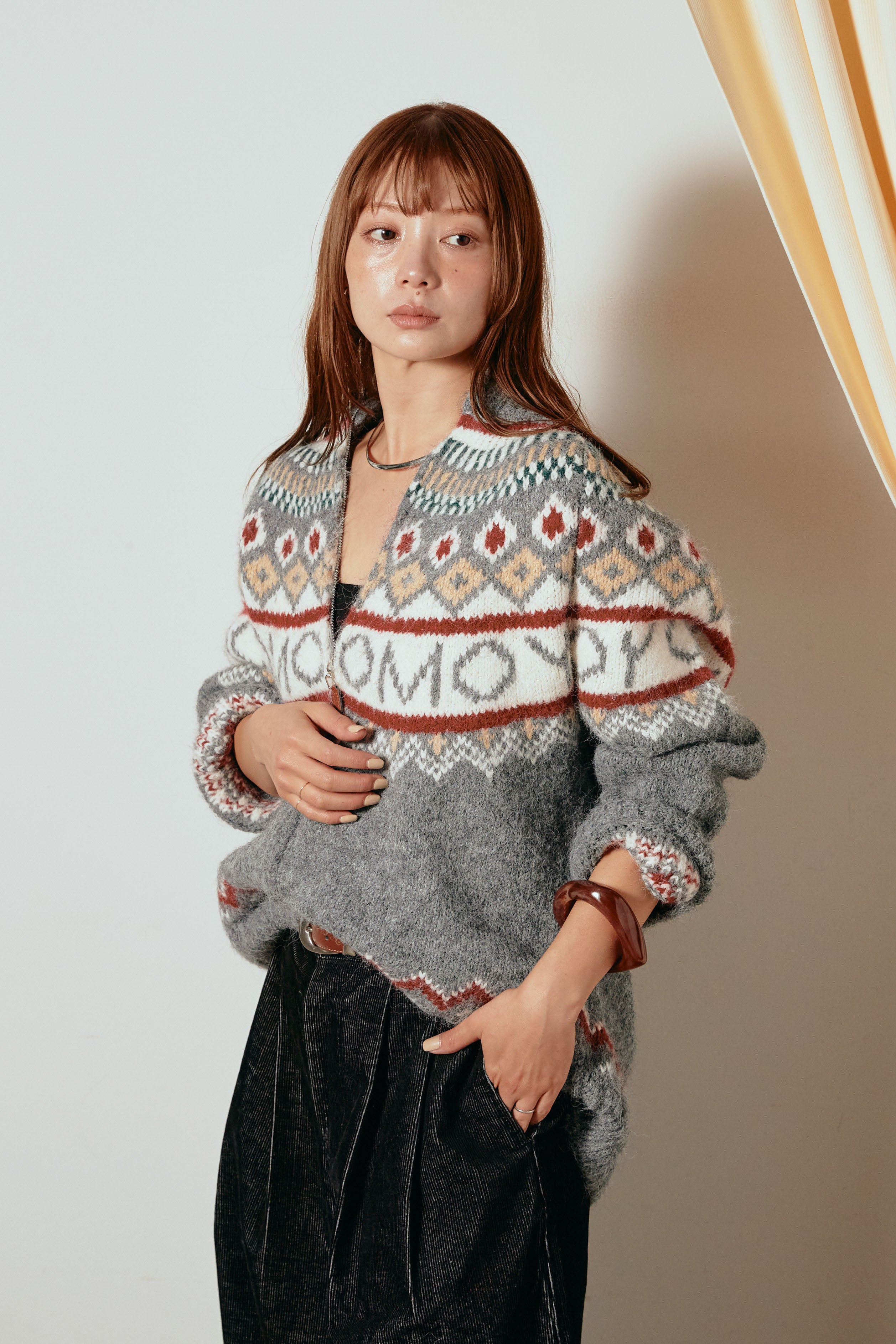 ノルディック柄ジップニットトップス/グレー – ESICA