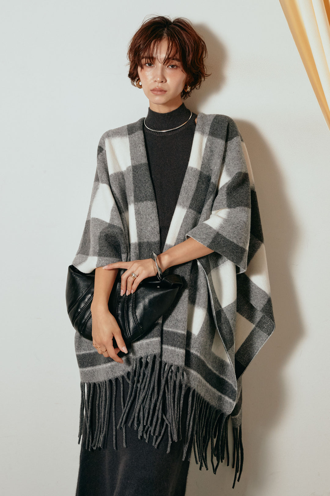 裾フリンジ柄ポンチョアウター/ブラック