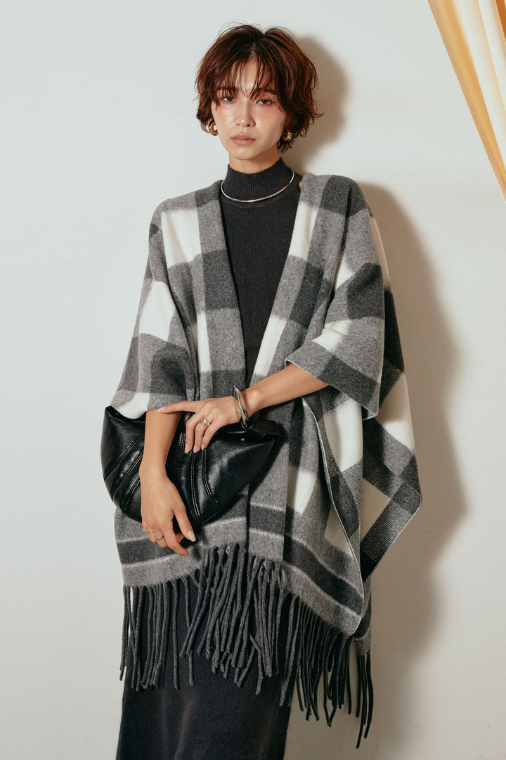 裾フリンジ柄ポンチョアウター/ブラック