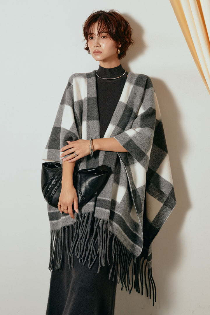 裾フリンジ柄ポンチョアウター/ブラック
