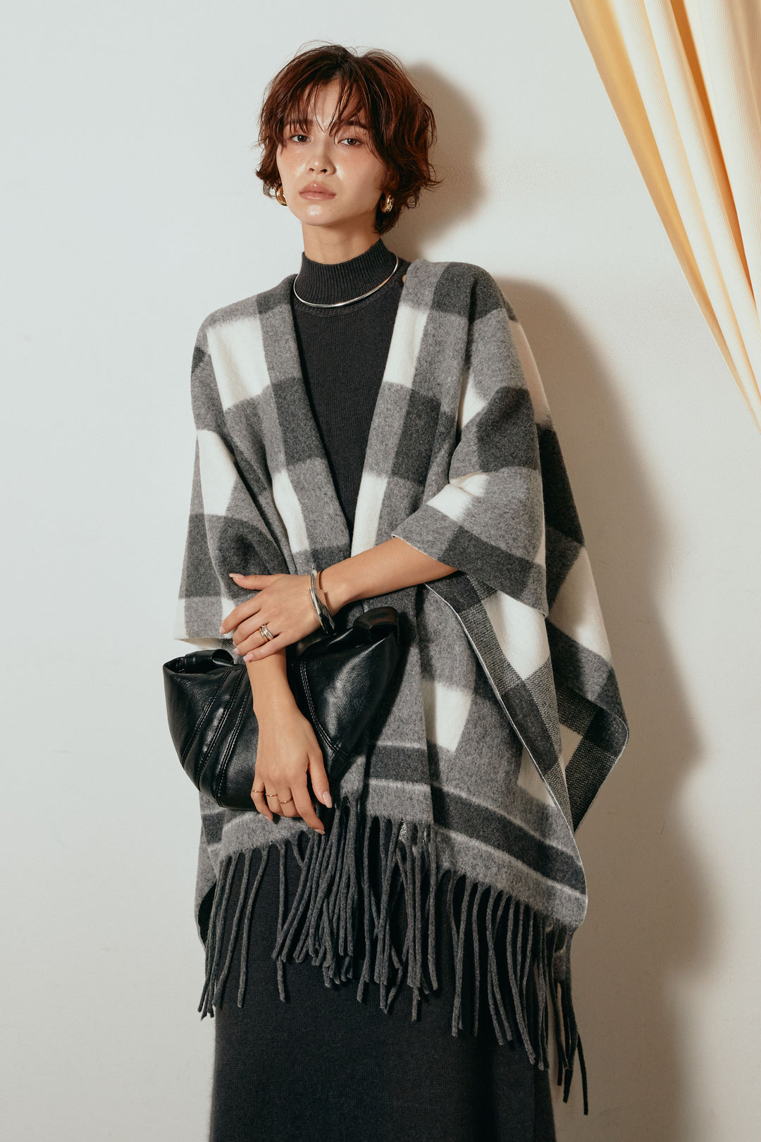 裾フリンジ柄ポンチョアウター/ブラック