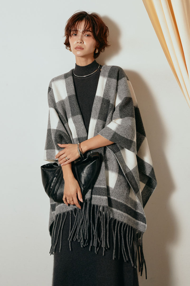 裾フリンジ柄ポンチョアウター/ブラック