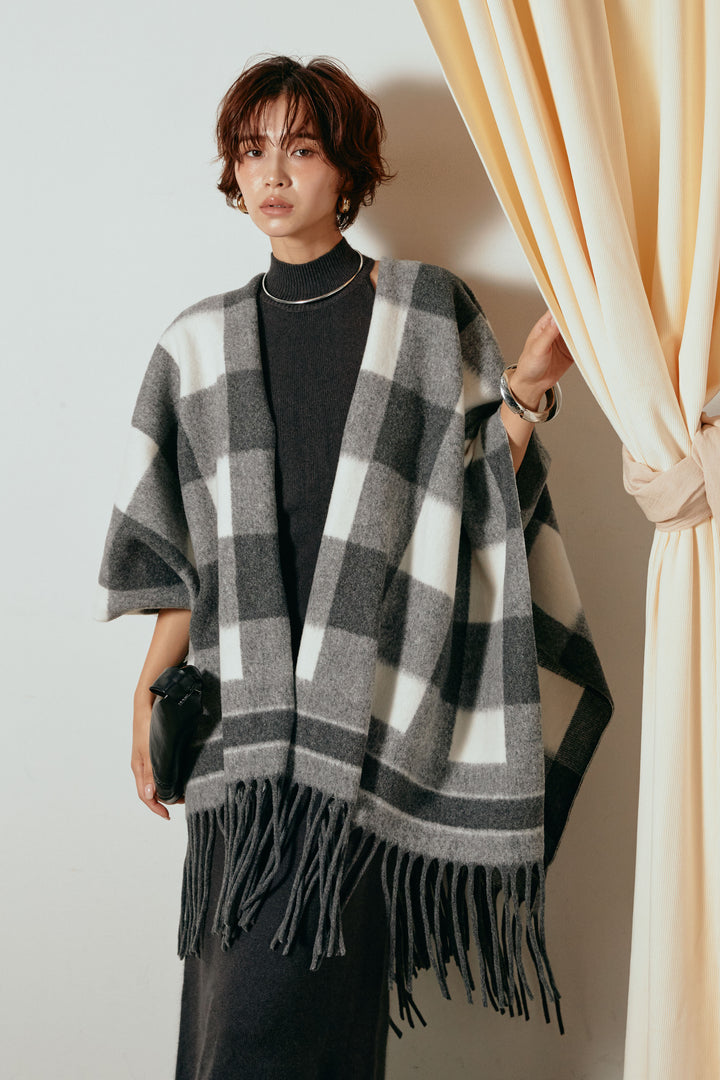 裾フリンジ柄ポンチョアウター/ブラック