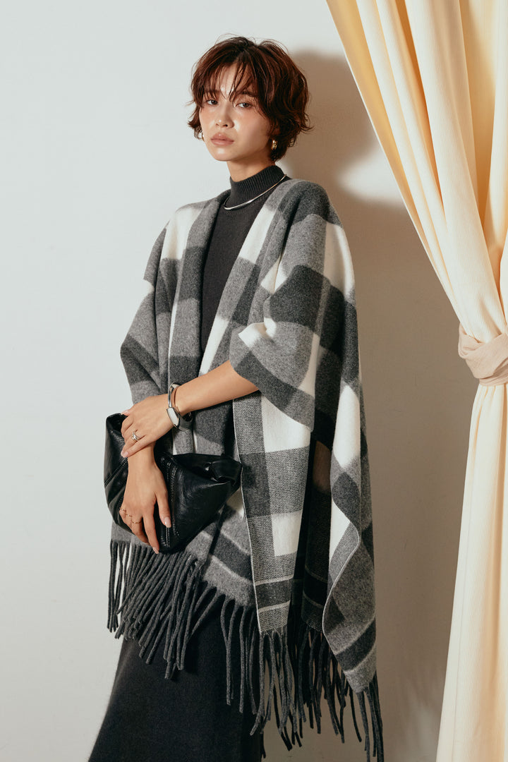 裾フリンジ柄ポンチョアウター/ブラック
