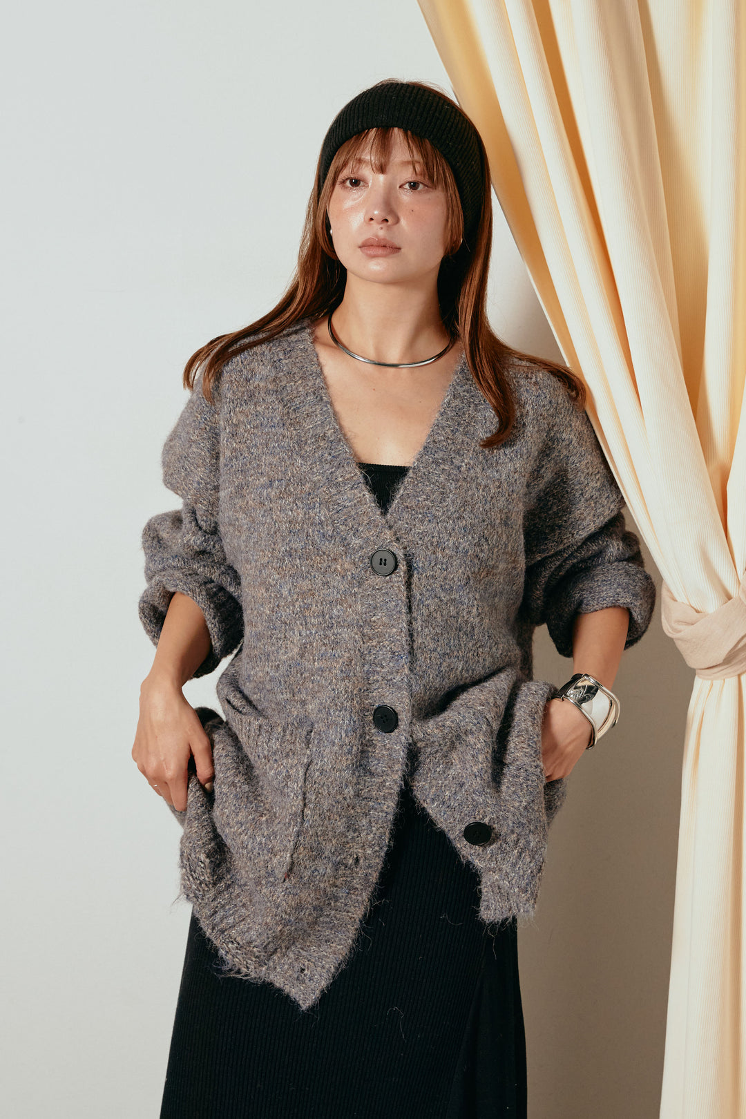 Vネックミックスニットカーディガン/パープル