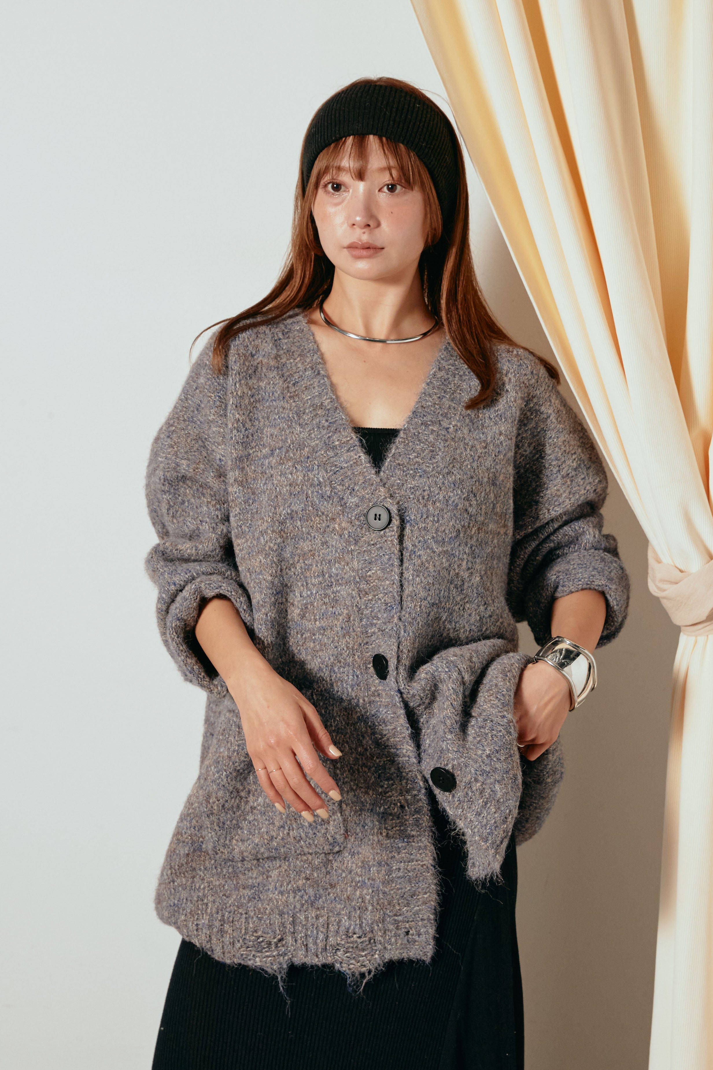 Vネックミックスニットカーディガン/パープル – ESICA