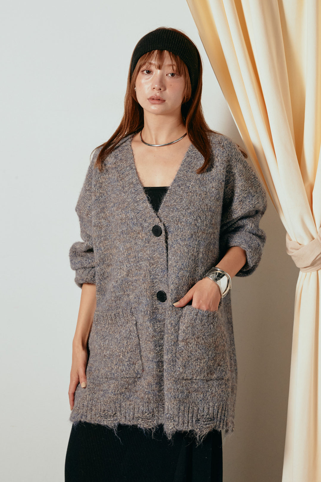 Vネックミックスニットカーディガン/パープル