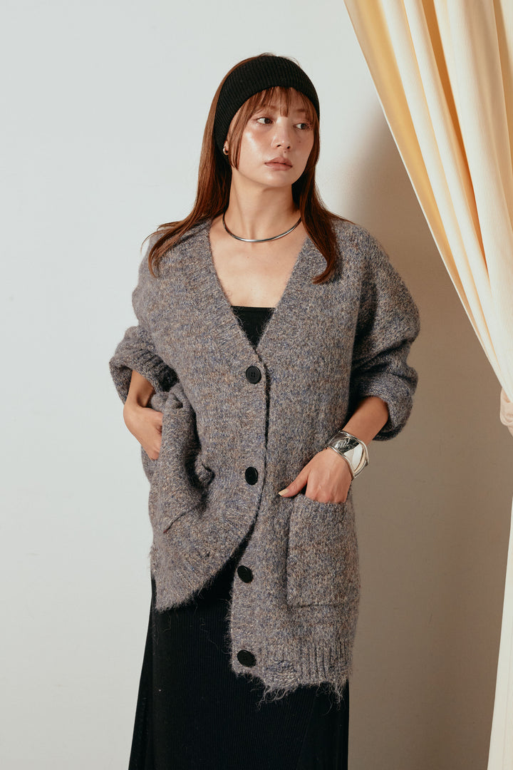 Vネックミックスニットカーディガン/パープル