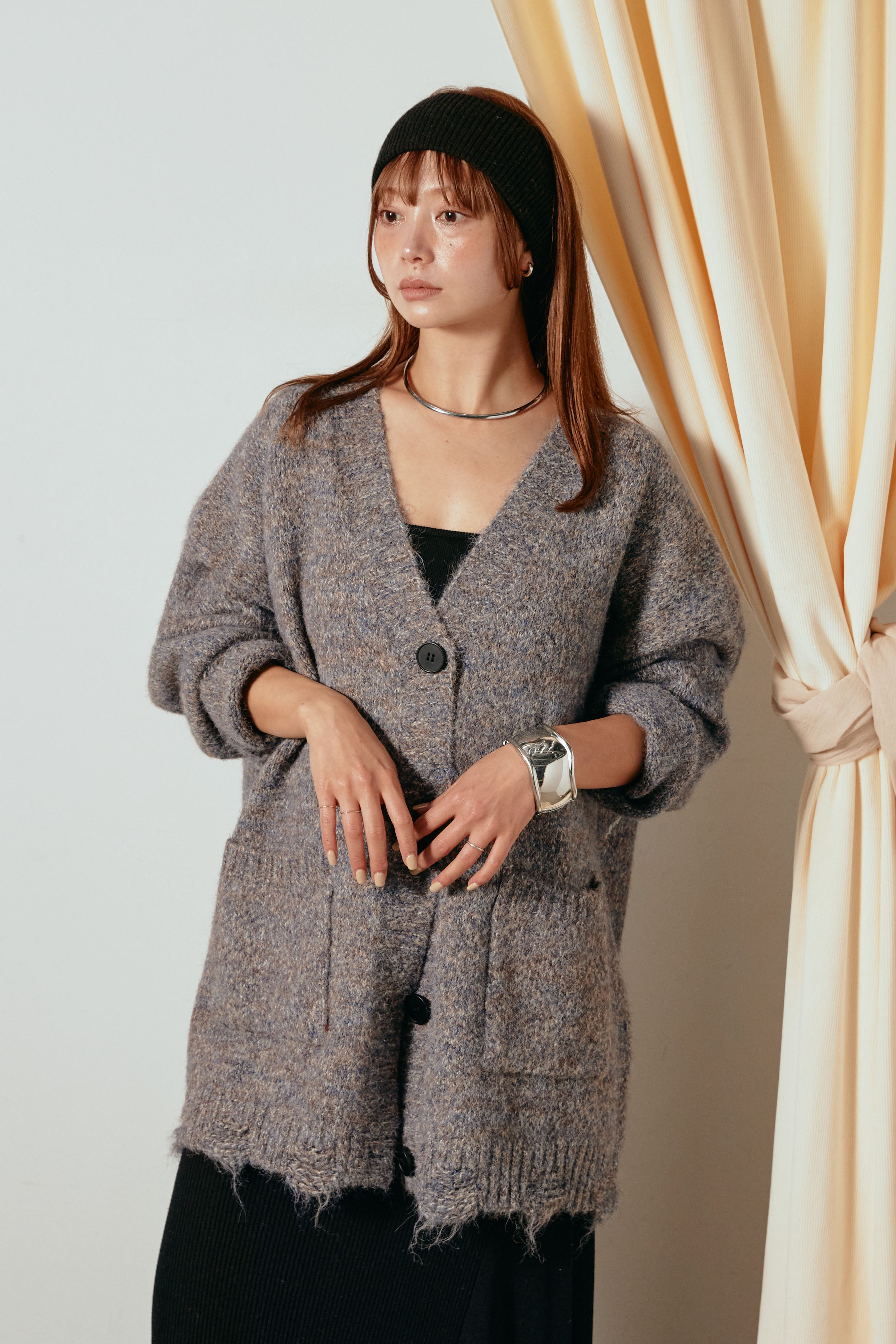 Vネックミックスニットカーディガン/パープル – ESICA