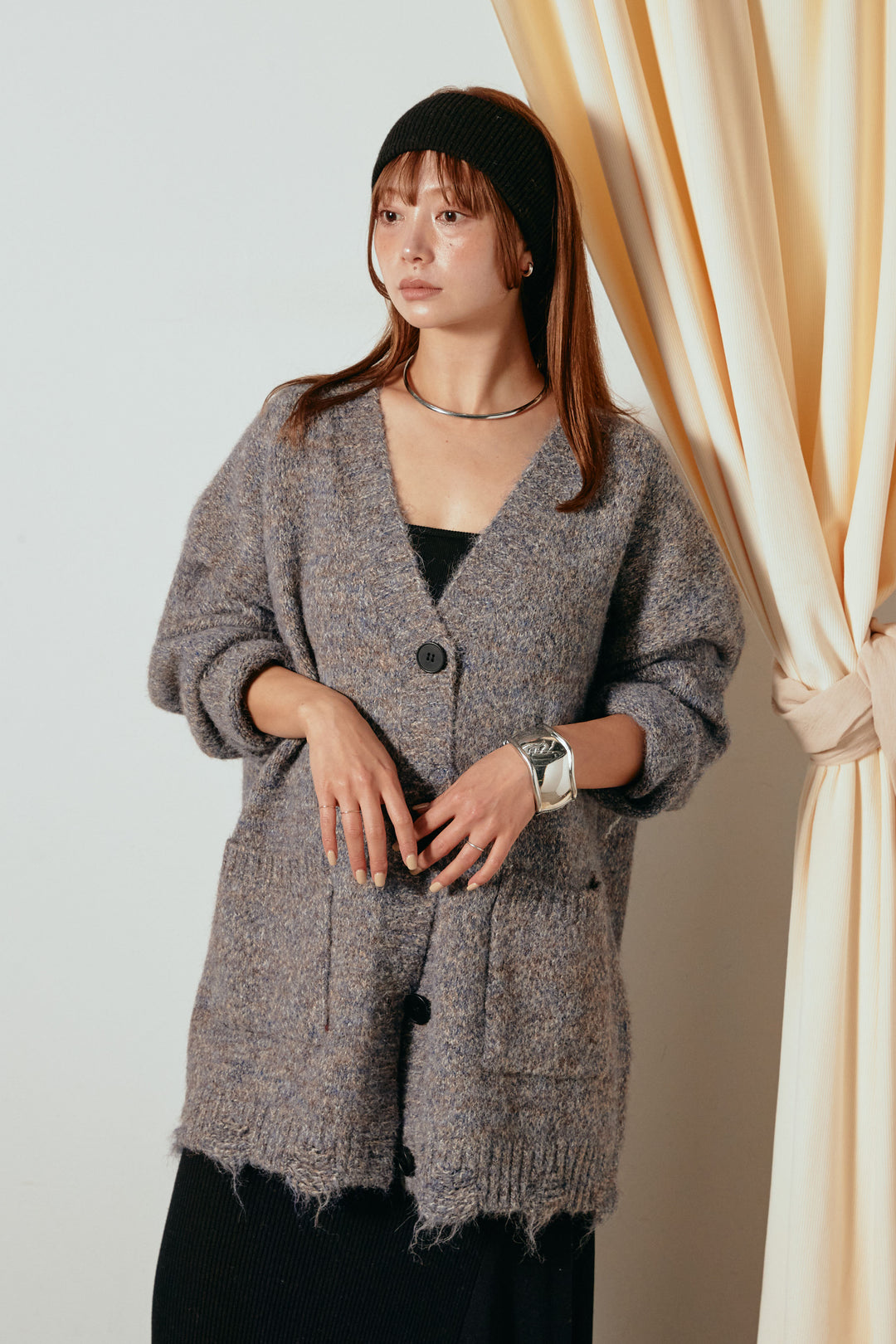 Vネックミックスニットカーディガン/パープル