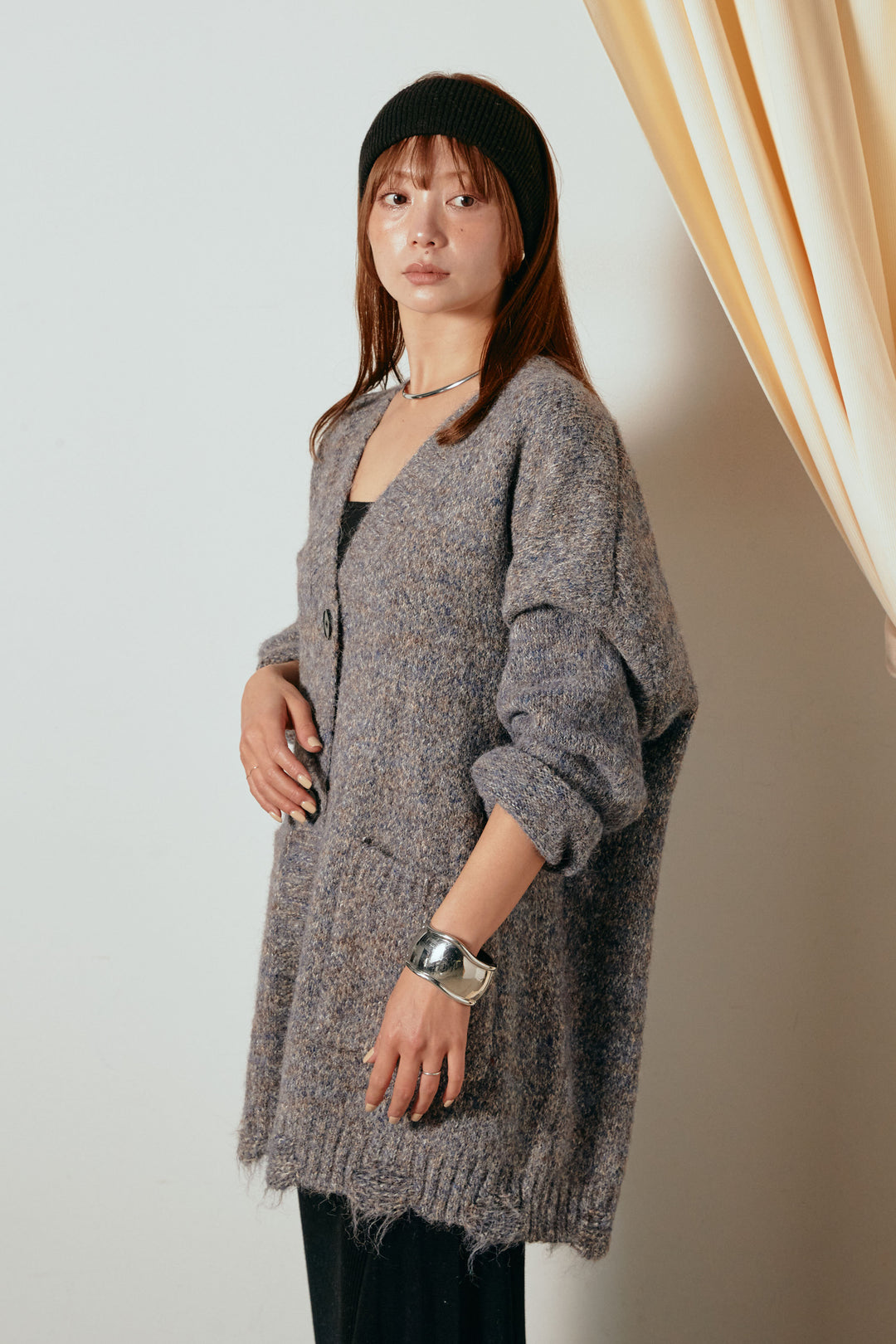 Vネックミックスニットカーディガン/パープル