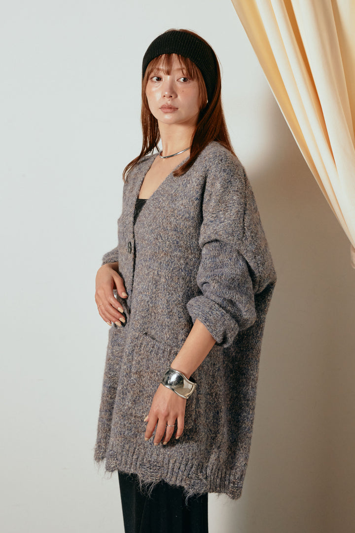 Vネックミックスニットカーディガン/パープル