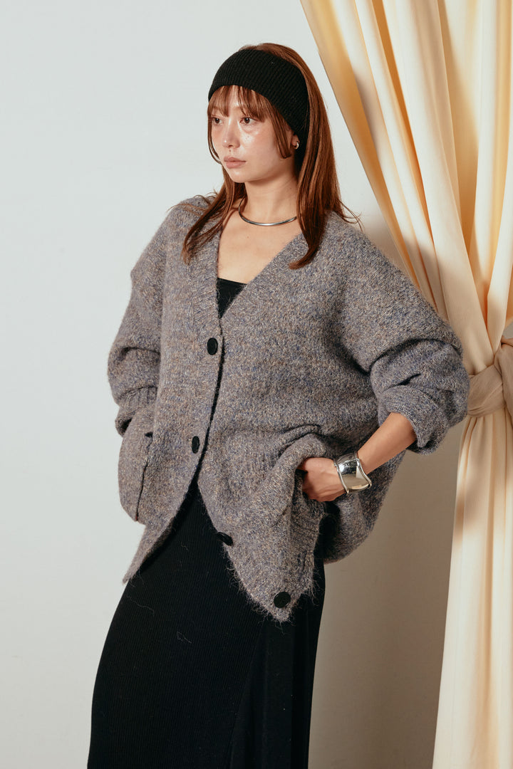 Vネックミックスニットカーディガン/パープル