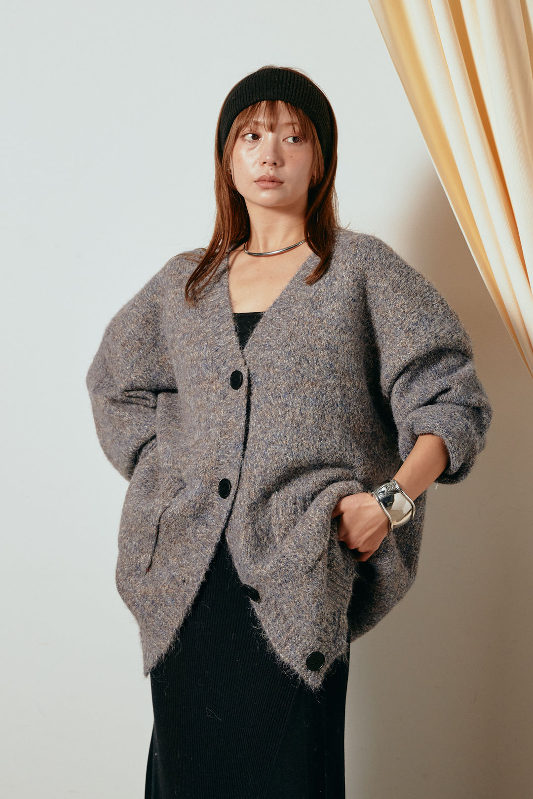 Vネックミックスニットカーディガン/パープル