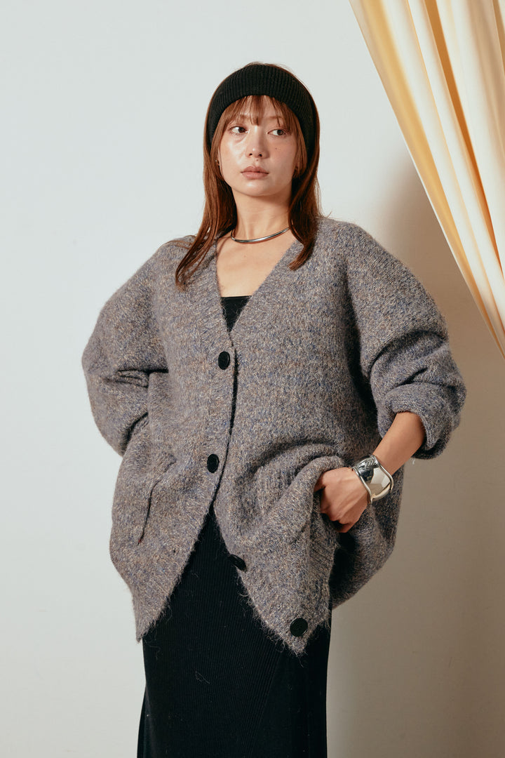 Vネックミックスニットカーディガン/パープル