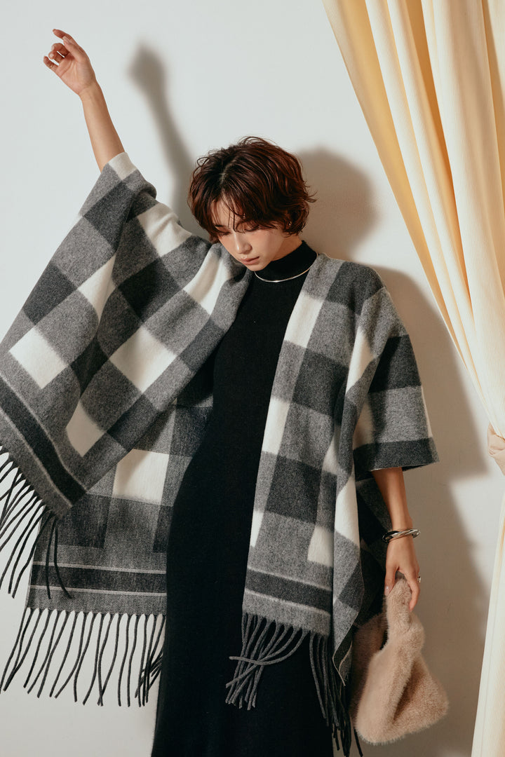 裾フリンジ柄ポンチョアウター/ブラック