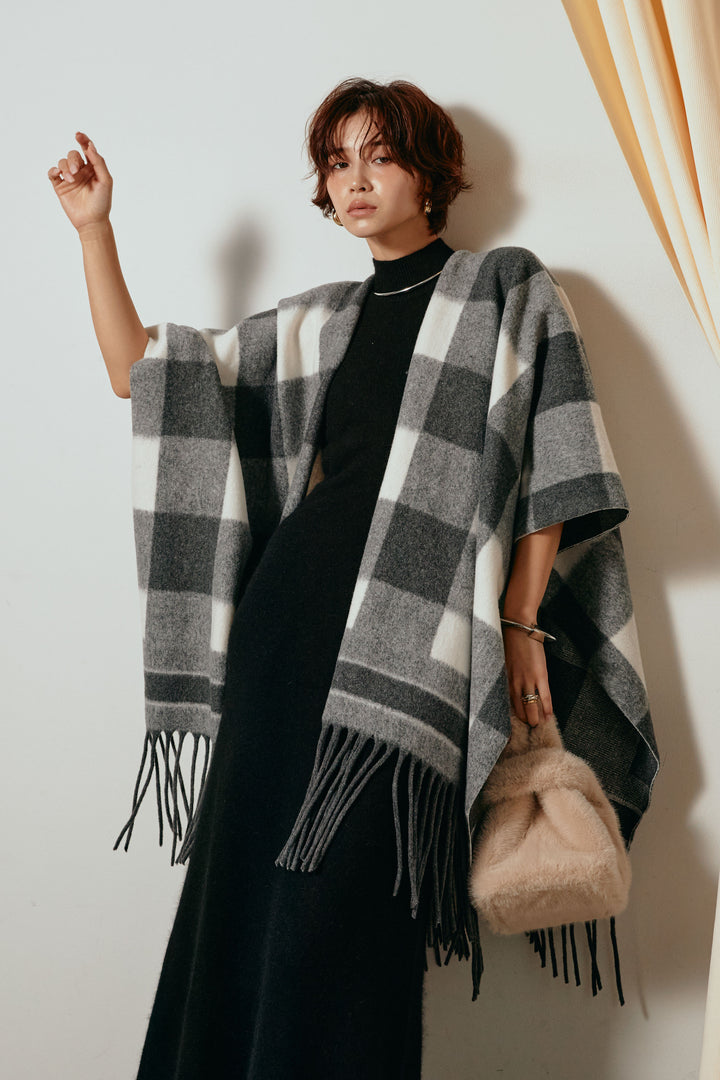 裾フリンジ柄ポンチョアウター/ブラック