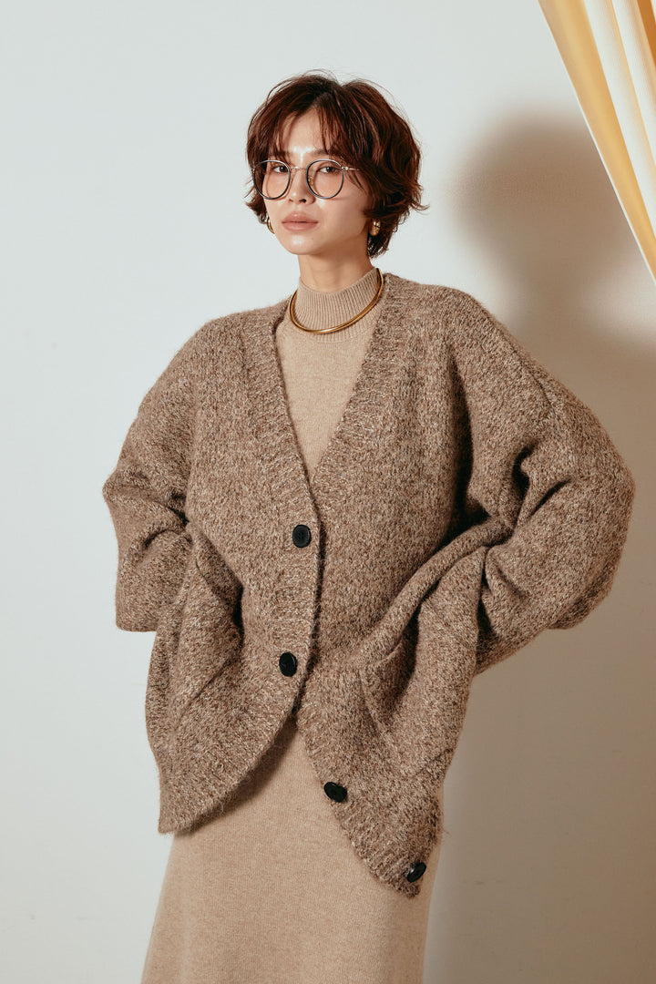 Vネックミックスニットカーディガン/ブラウン