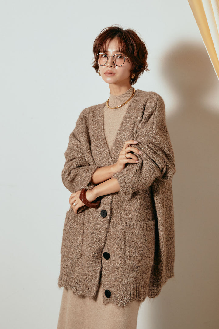 Vネックミックスニットカーディガン/ブラウン