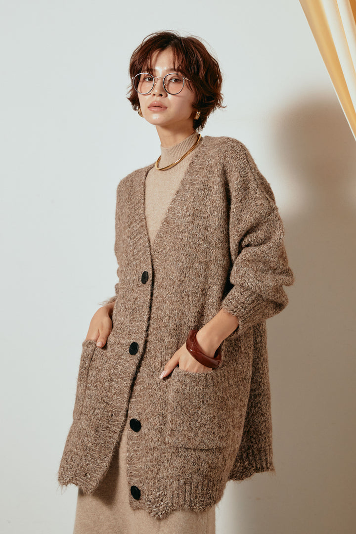 Vネックミックスニットカーディガン/ブラウン