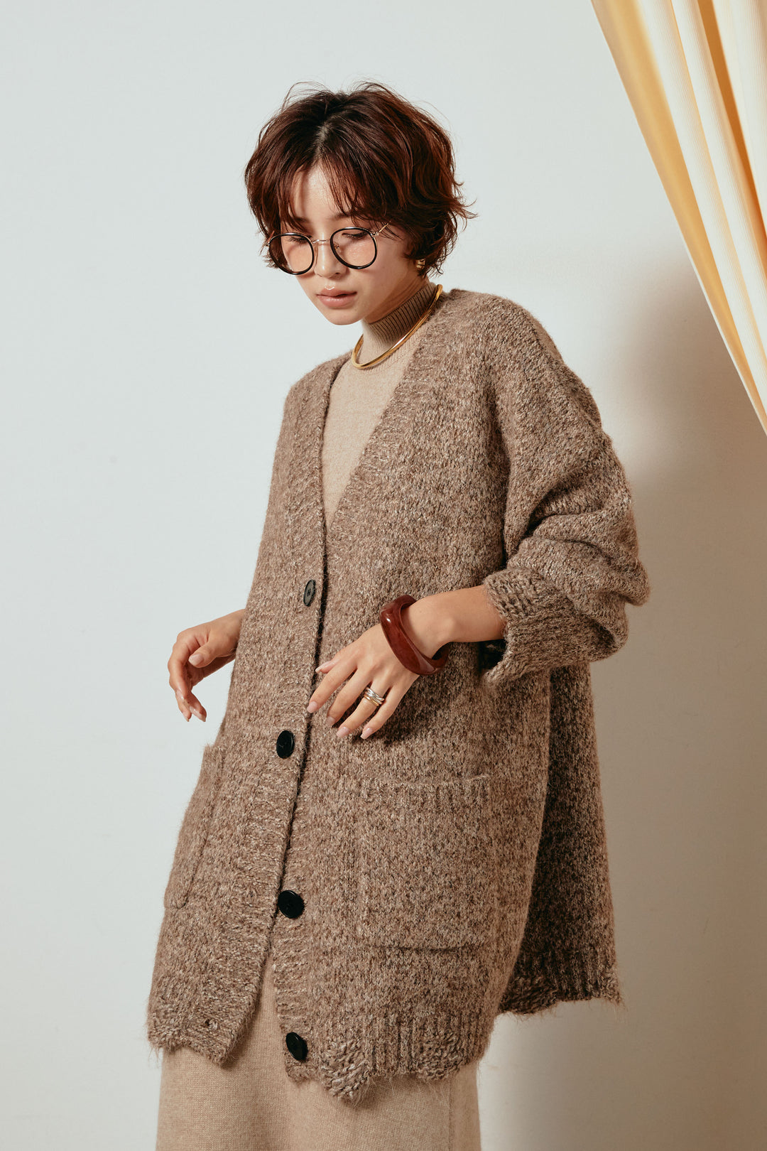 Vネックミックスニットカーディガン/ブラウン