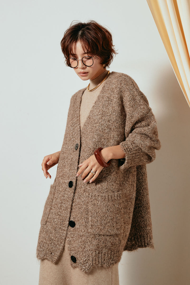 Vネックミックスニットカーディガン/ブラウン