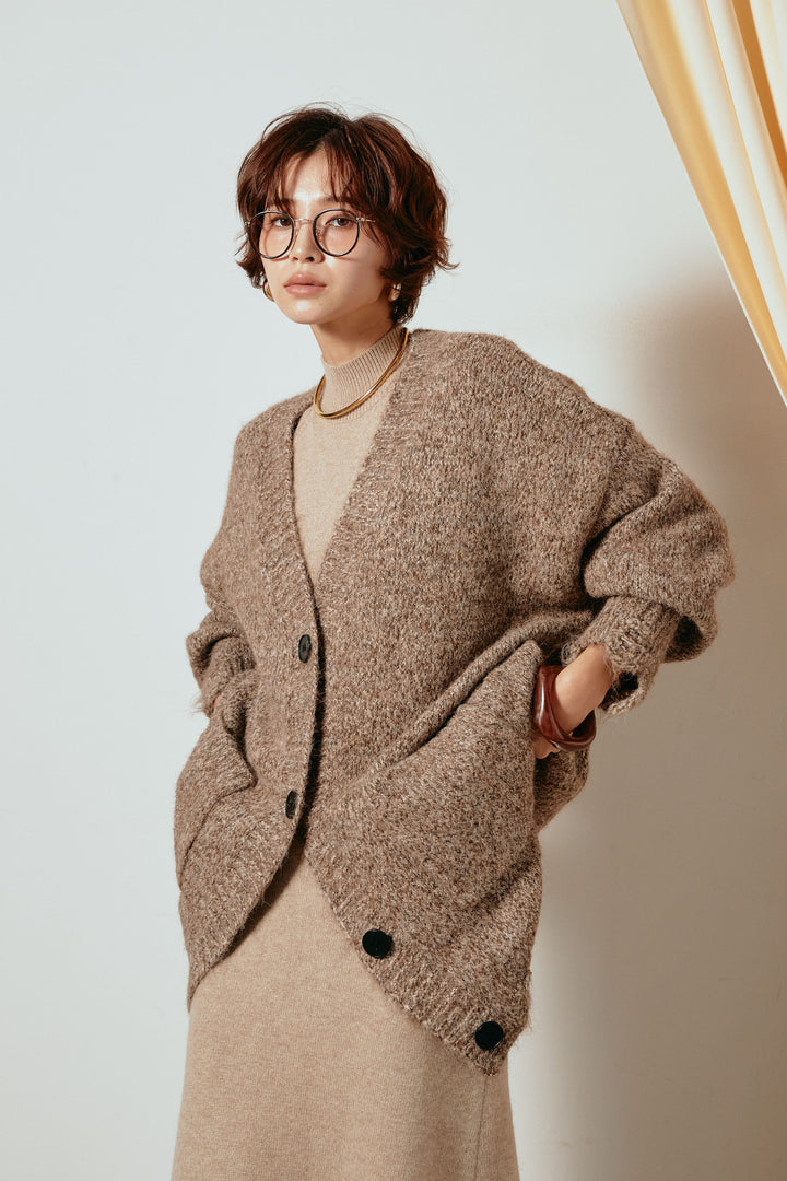 Vネックミックスニットカーディガン/ブラウン