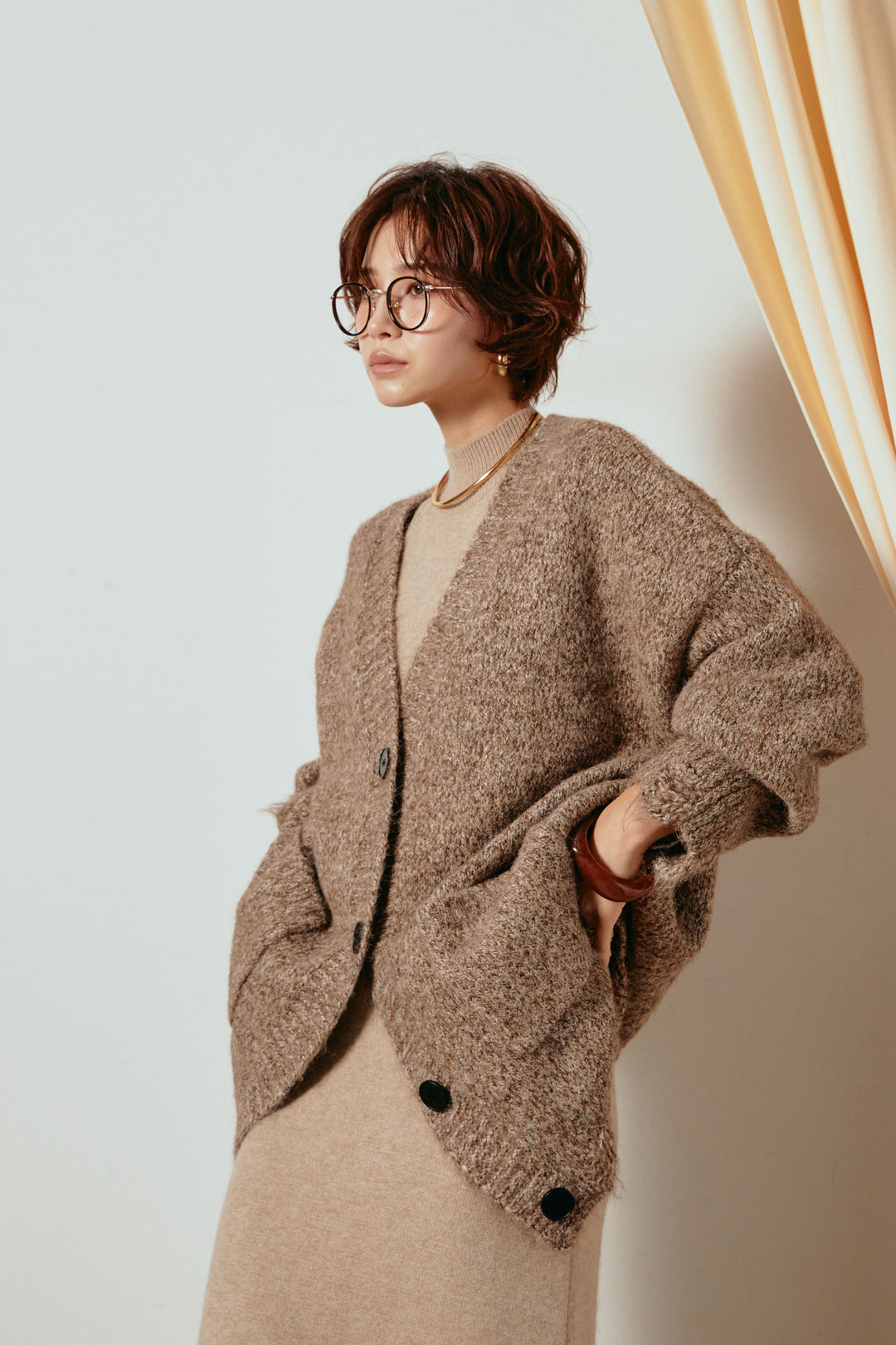 Vネックミックスニットカーディガン/ブラウン