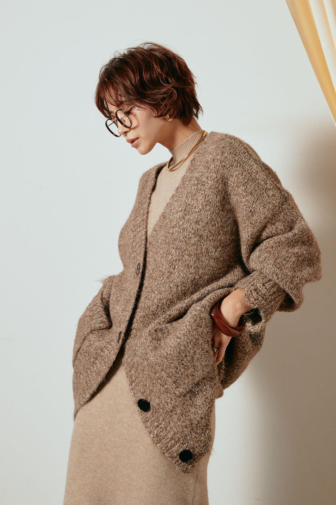 Vネックミックスニットカーディガン/ブラウン