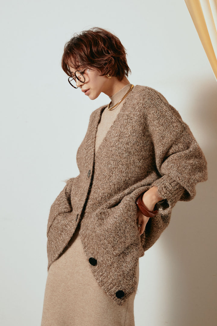 Vネックミックスニットカーディガン/ブラウン