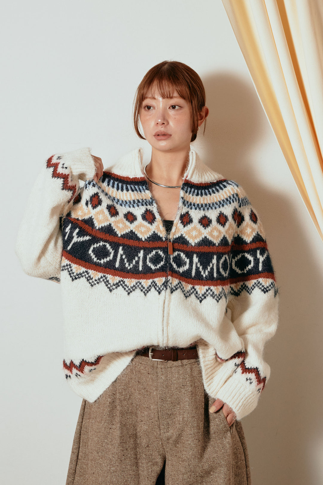 ノルディック柄ジップニットトップス/アプリコット