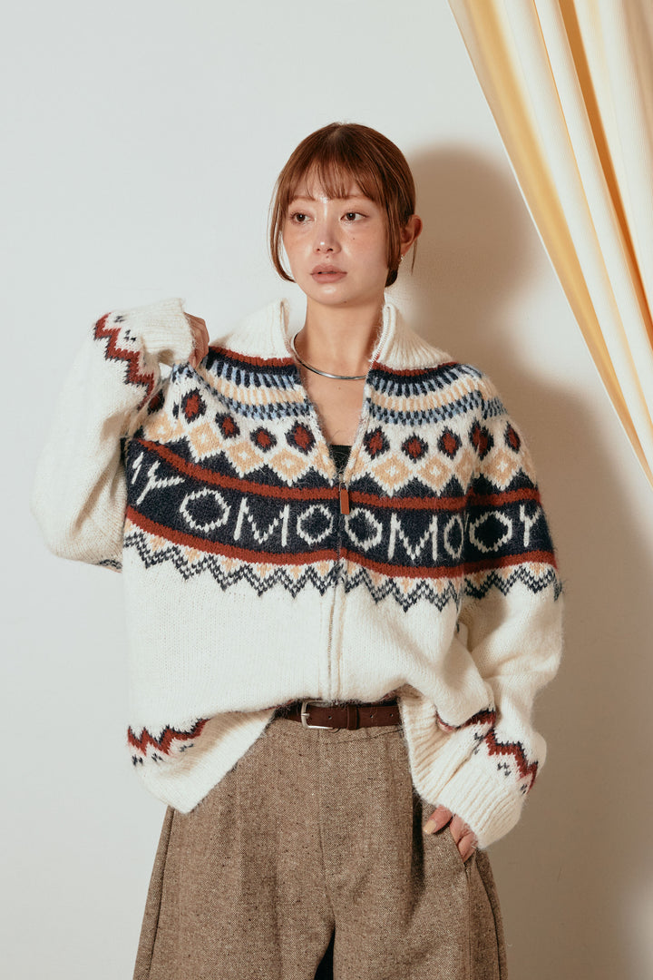 ノルディック柄ジップニットトップス/アプリコット