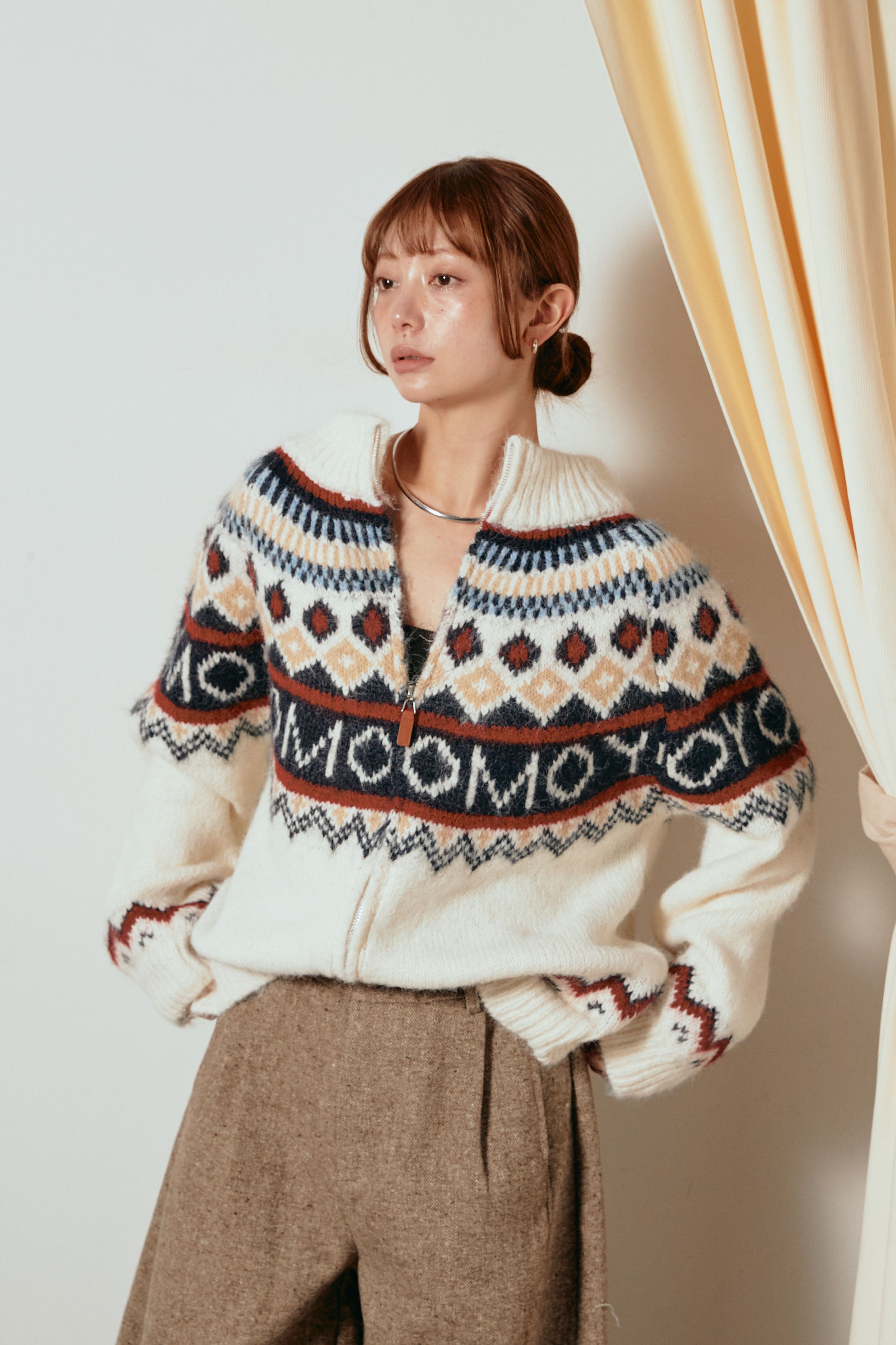 NANUSHKA ナヌーシュカ チェック柄 セットアップ ノルディック柄ジップニットトップス/アプリコット – ESICA