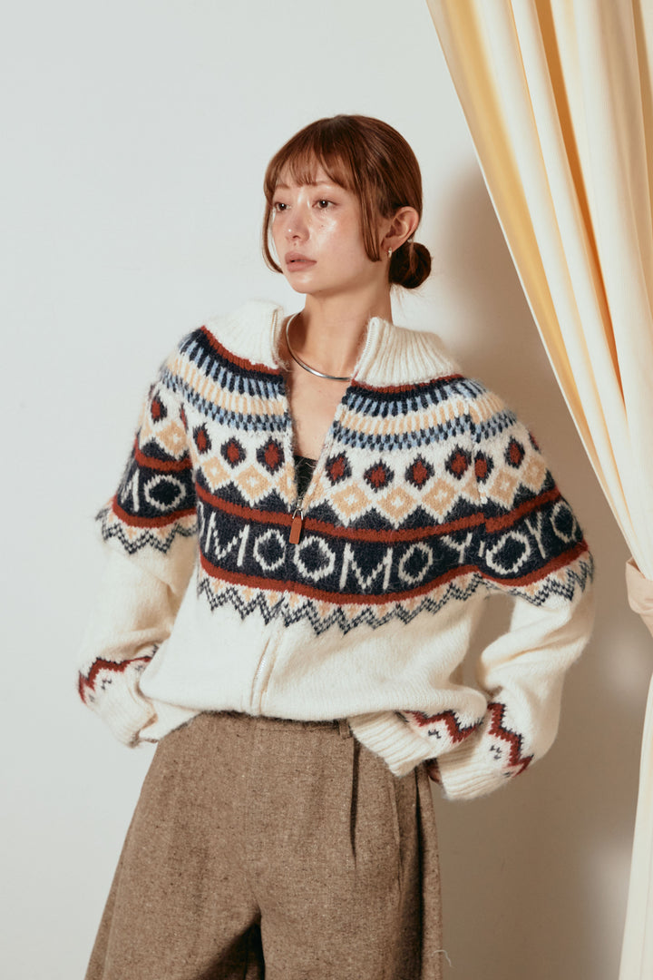 ノルディック柄ジップニットトップス/アプリコット