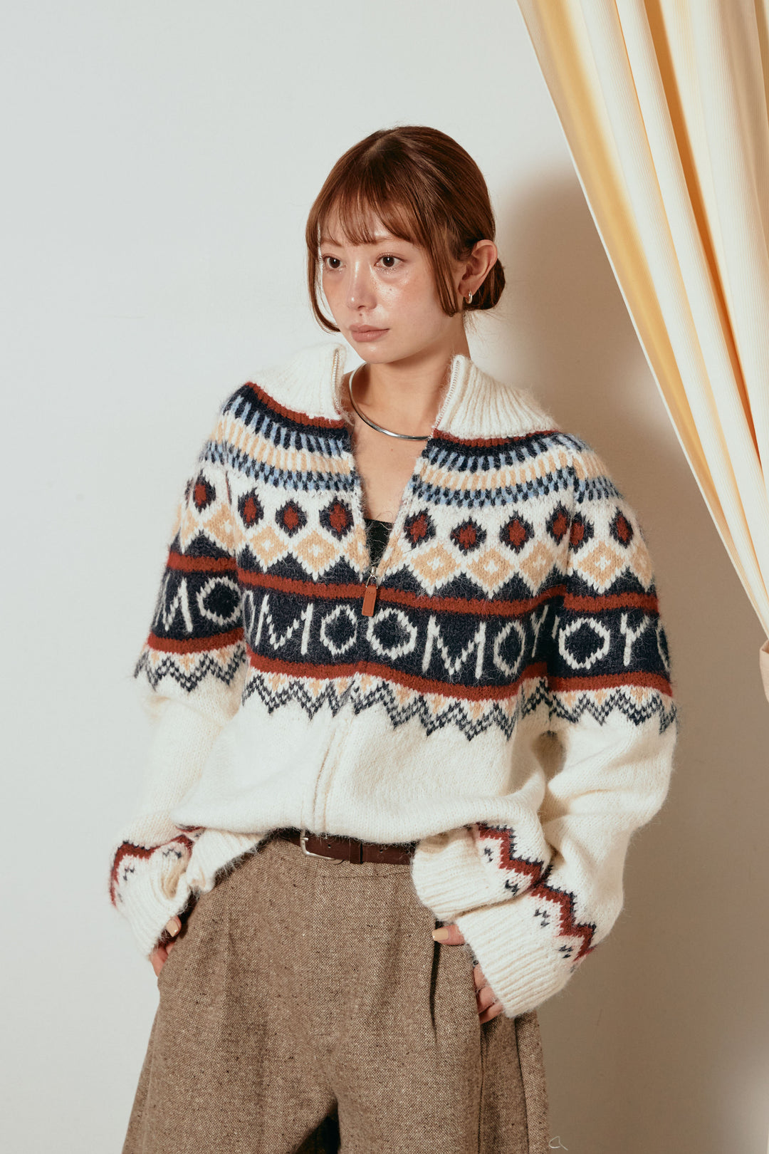 ノルディック柄ジップニットトップス/アプリコット