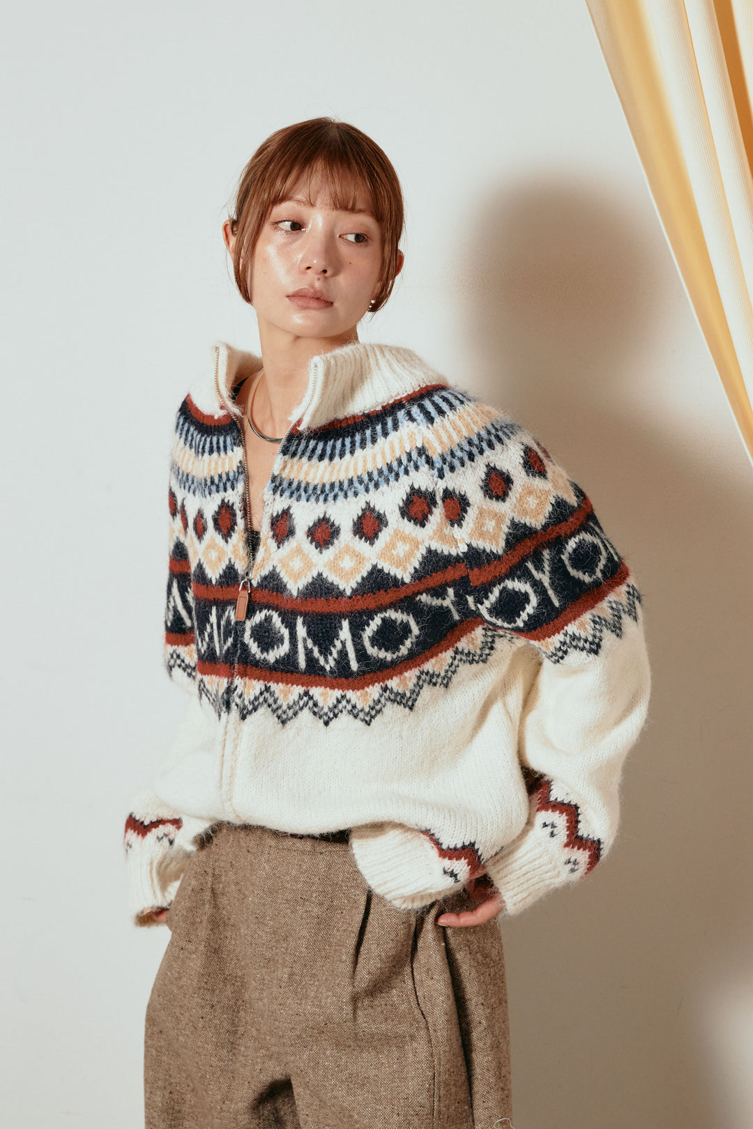 ノルディック柄ジップニットトップス/アプリコット