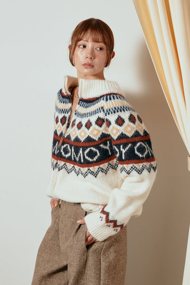 ノルディック柄ジップニットトップス/アプリコット