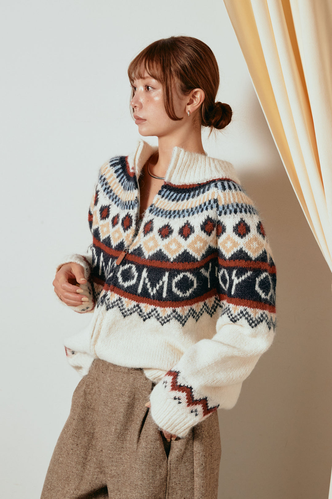 ノルディック柄ジップニットトップス/アプリコット