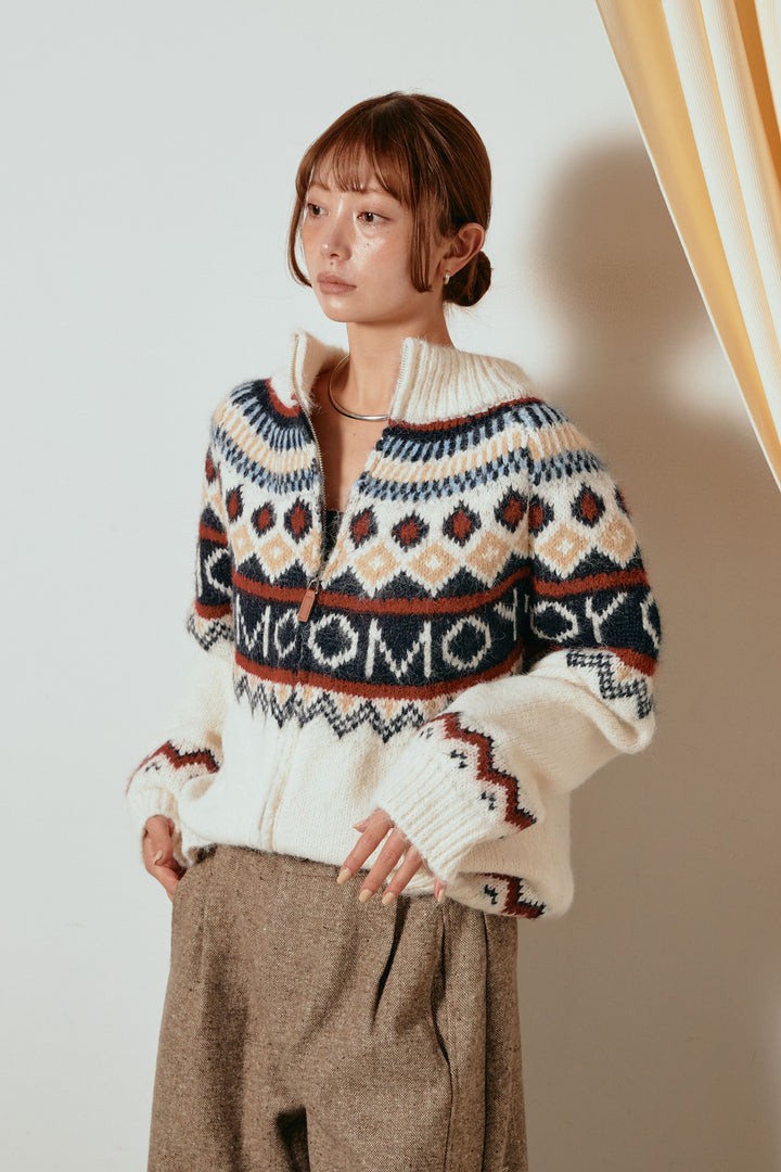 ノルディック柄ジップニットトップス/アプリコット