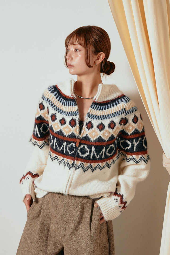 ノルディック柄ジップニットトップス/アプリコット