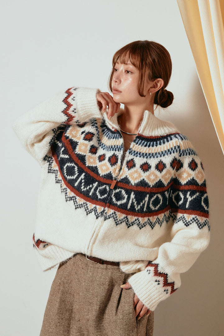 ノルディック柄ジップニットトップス/アプリコット