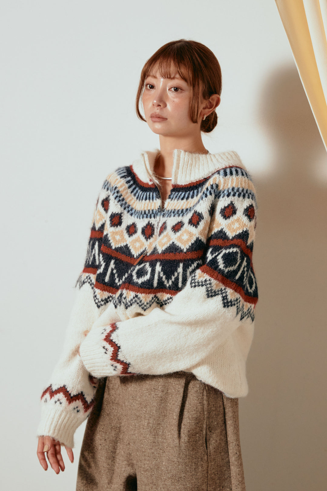 ノルディック柄ジップニットトップス/アプリコット