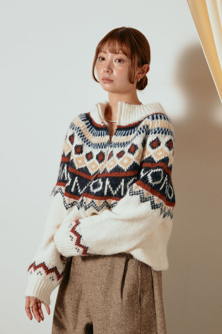 ノルディック柄ジップニットトップス/アプリコット