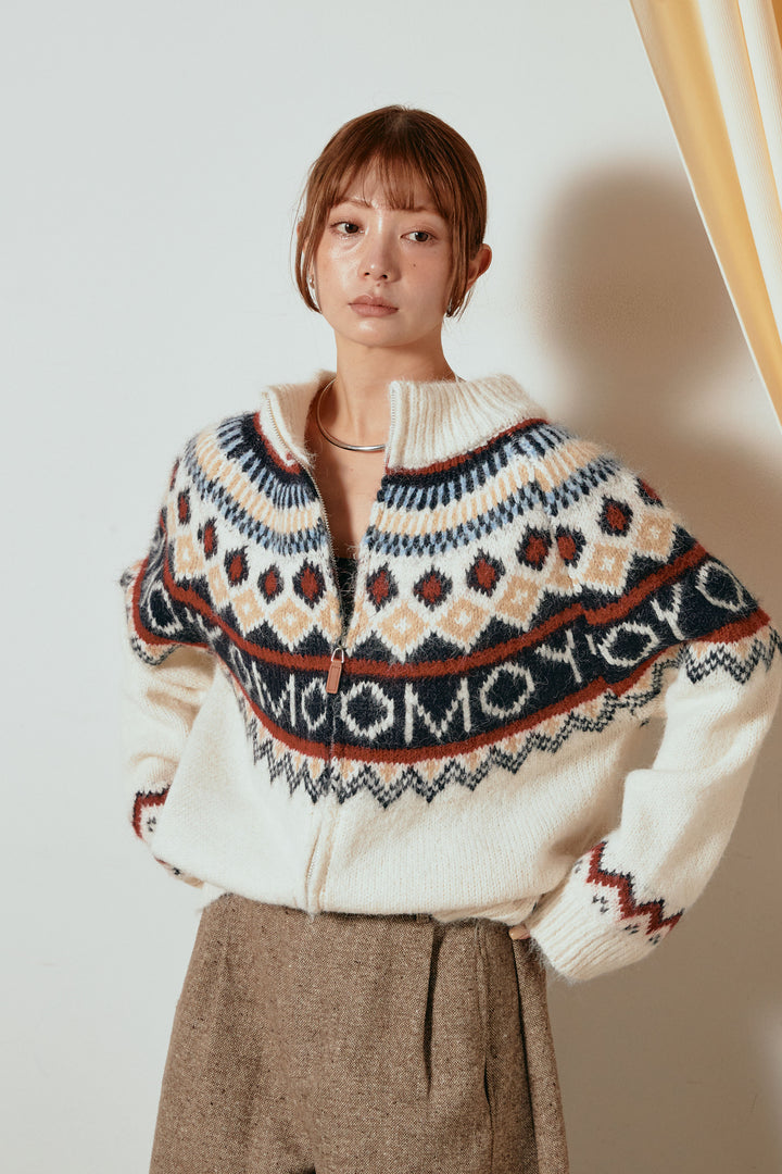 ノルディック柄ジップニットトップス/アプリコット