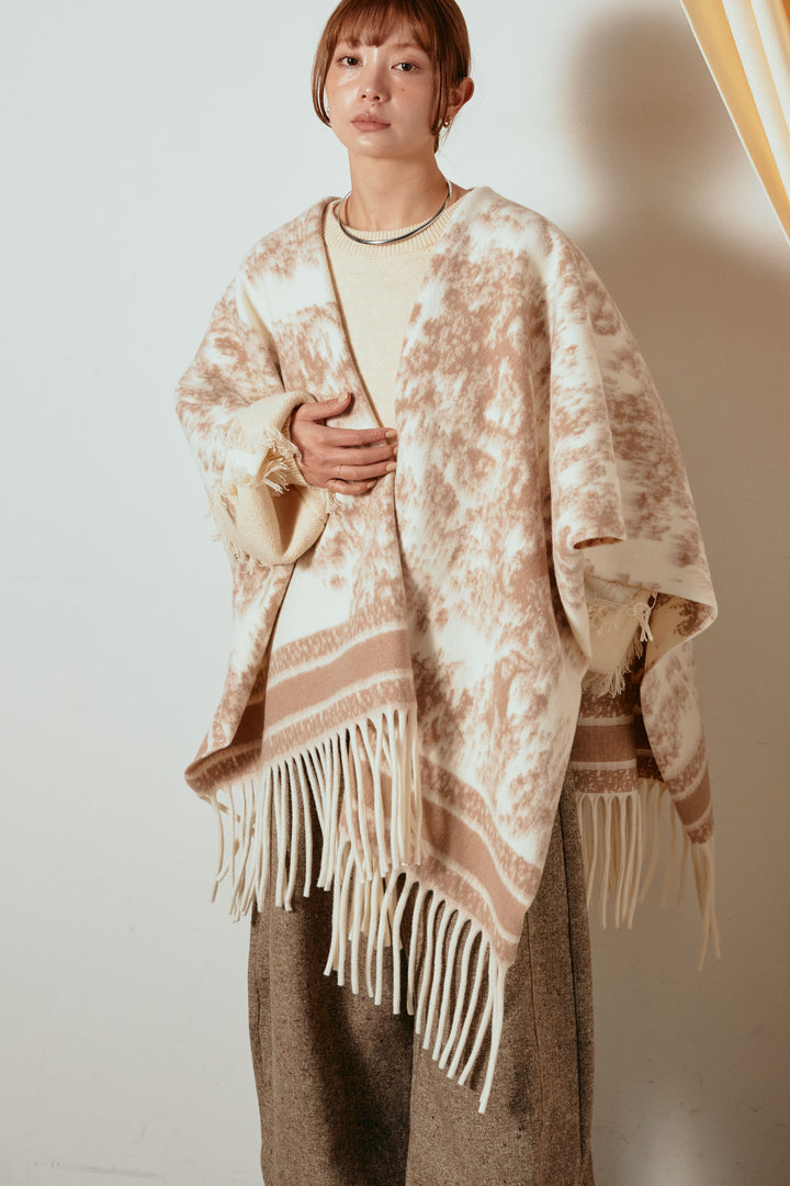 裾フリンジジャガード柄ポンチョアウター/アイボリー
