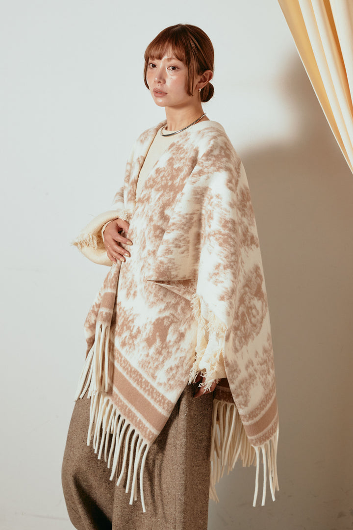 裾フリンジジャガード柄ポンチョアウター/アイボリー