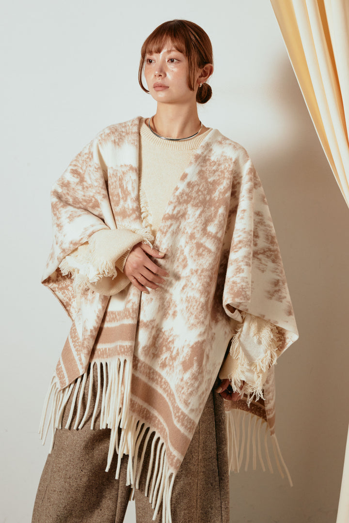 裾フリンジジャガード柄ポンチョアウター/アイボリー